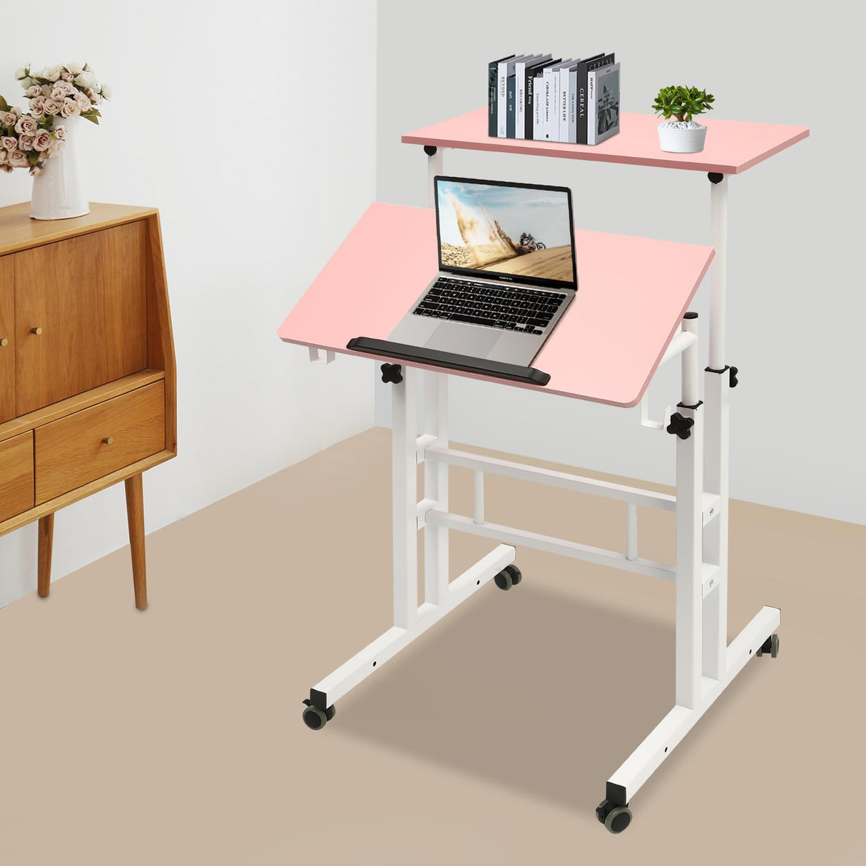 Mobile Stand up Desk with USB Port, Small Adjustable Standing Desk with Wheels Home Office Workstation, Portable Rolling Desk Laptop Cart for Standing or Sitting (23.6", Pink, w/USB Socket) Offabing