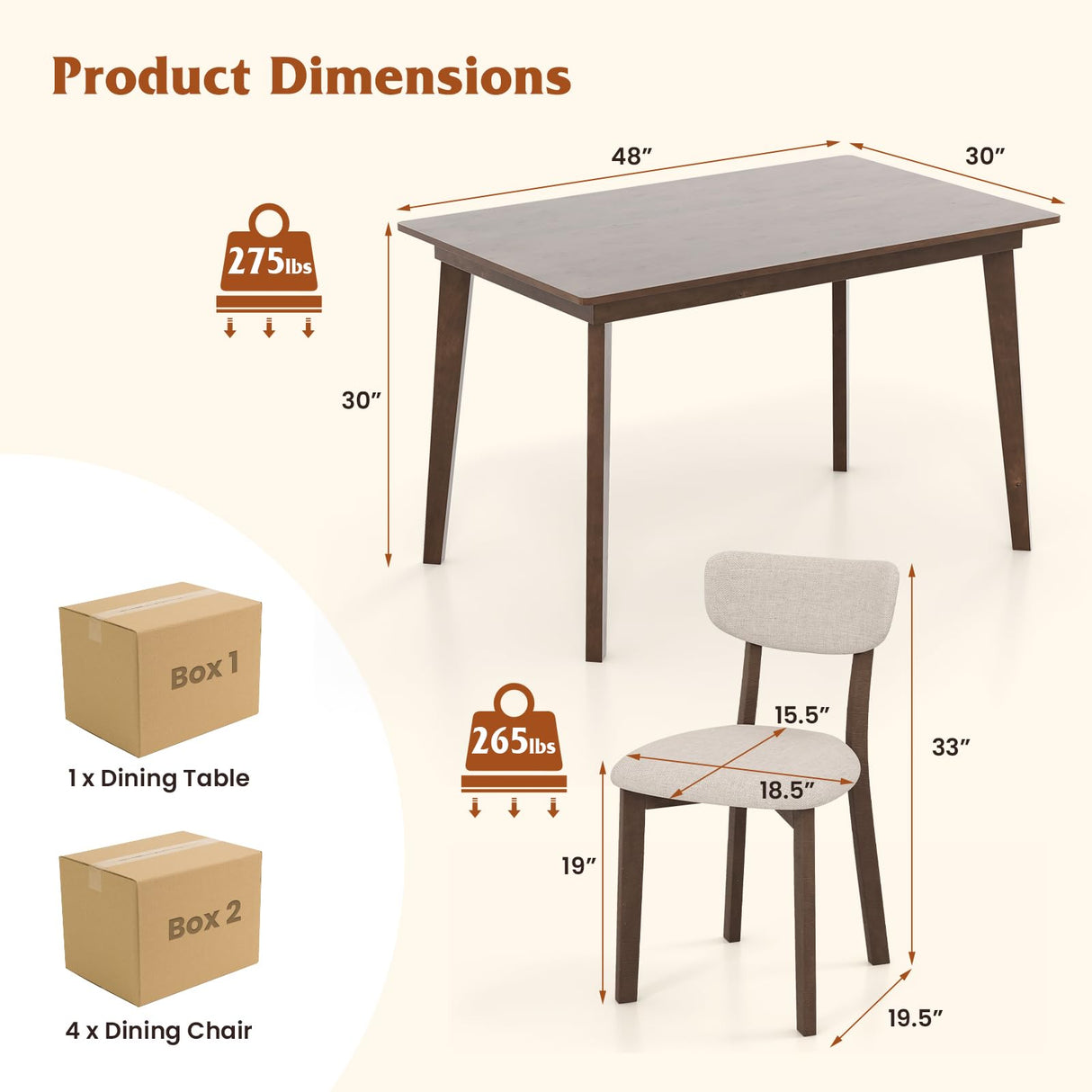 GOFLAME 5-Piece Dining Table Set for 4, Farmhouse Kitchen Table & 4 Upholstered Chairs with Rubber Wood Frame, Padded Seat, Curved Backrest, Space-Saving Dinette Set for Dining Room, Small Space GOFLAME