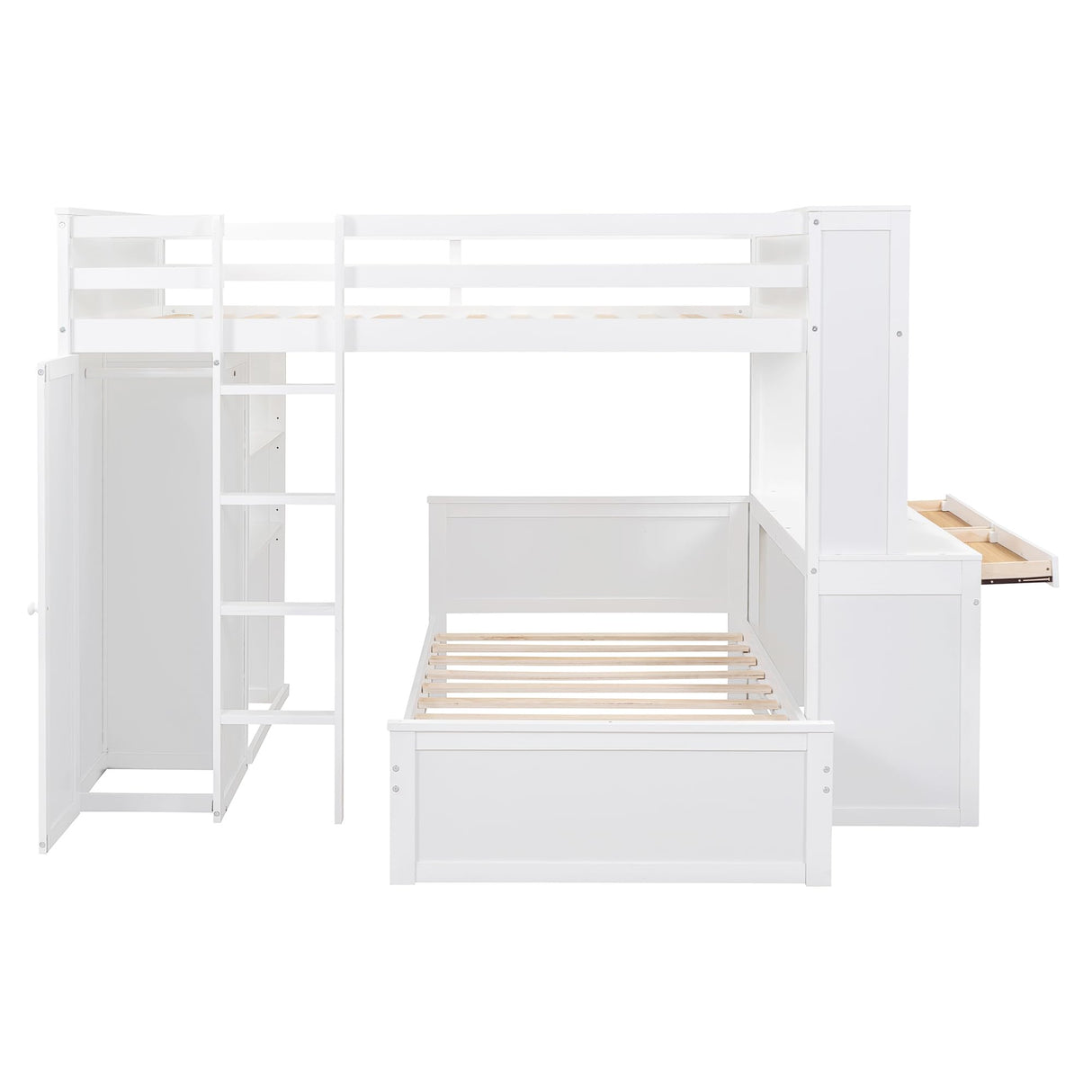 MaiDeHaoo Twin Over Full L-Shaped Bunk Bed with Desk and Shelves, Wood Bunk Bed with Storage Wardrobe and Stand-Alone Bed, White MaiDeHaoo