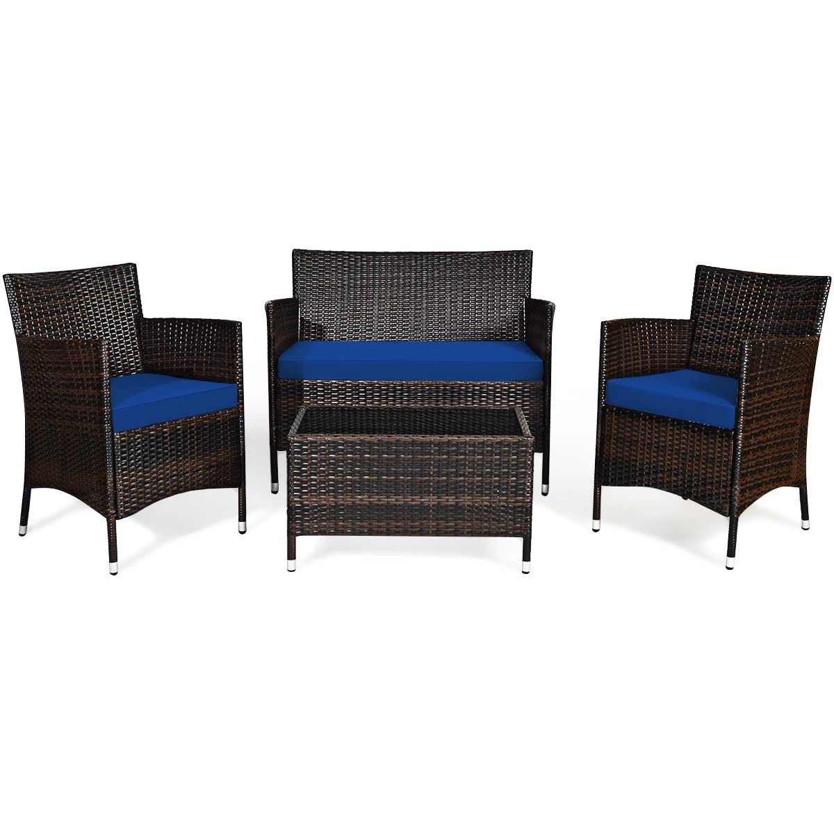 Goplus 4-Piece Rattan Patio Set, Outdoor/Indoor Wicker Conversation Set for Pool, Backyard, Lawn, Wicker Chairs and Sofa with Soft Cushion, Rattan Furniture with Tempered Glass Coffee Table Goplus