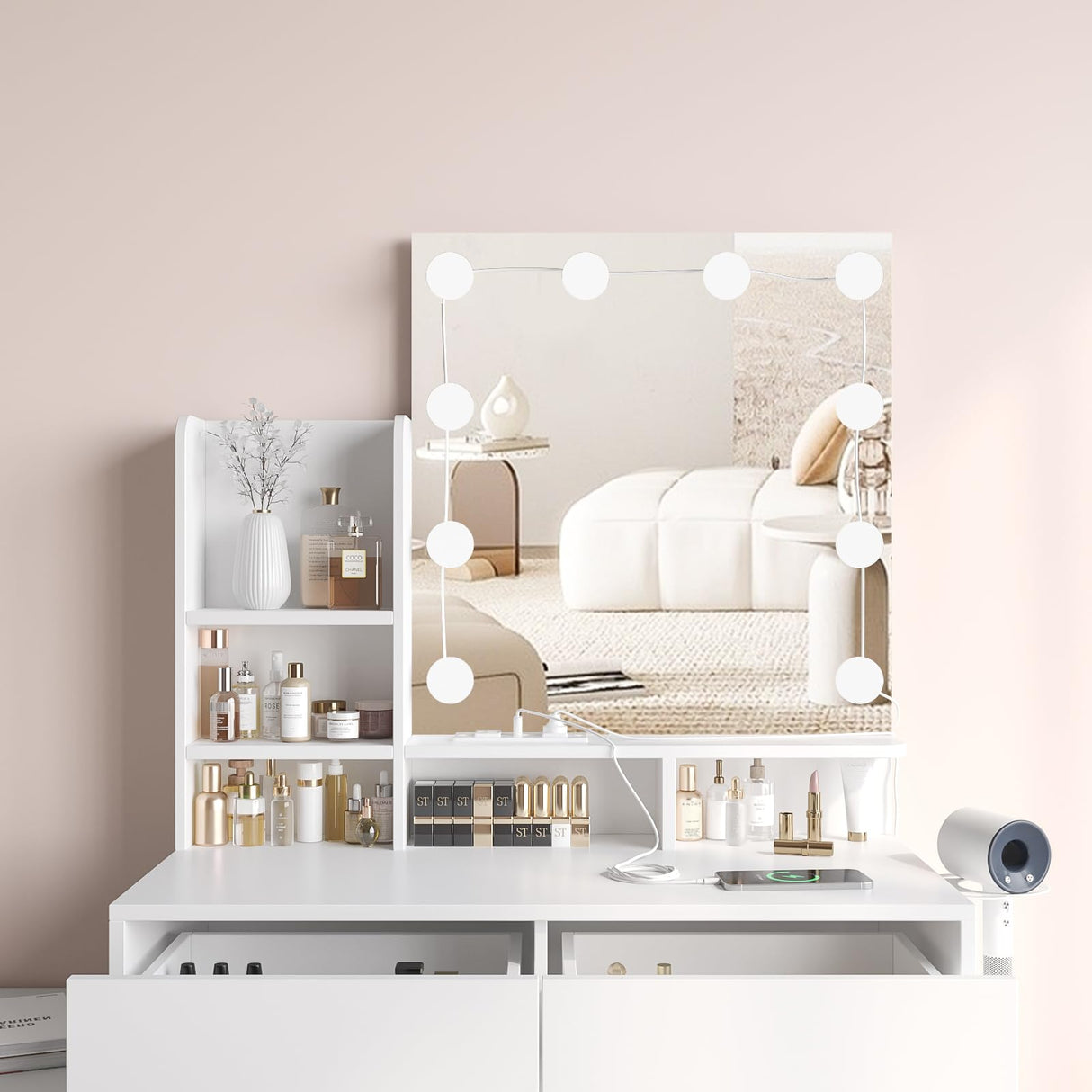 Fameill Makeup Vanity Mirror with Lights, Vanity with stools and Charging Station, LED Lights Makeup Mirror Vanity Set with 5 Drawers and Lots Storage Shelves for Women and Girls, White Fameill