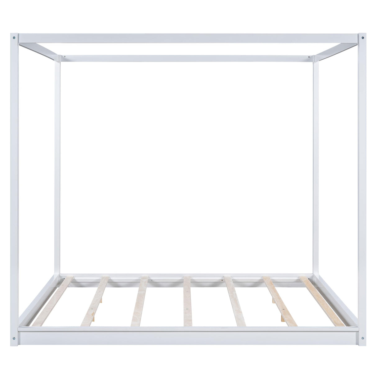 Merax King Canopy Bed Frame, Wood King Size Bed Frame Floor Bed, Wood Salt Support, No Box Spring Needed, White Merax