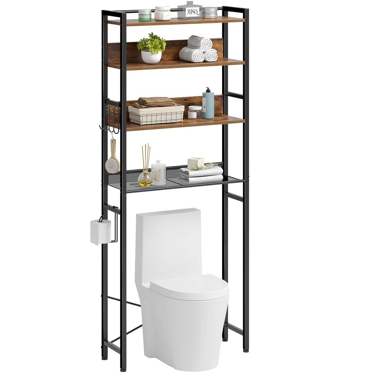 Rolanstar Over The Toilet Storage 4-Tier, Freestanding Bathroom Organizer, Sturdy Behind Toilet Rack with Hooks, Space-Saving Design, Fits Most Toilets, Rustic Brown Rolanstar