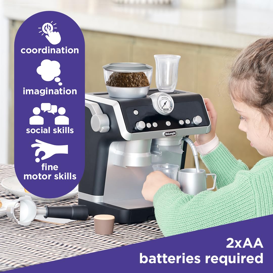 Casdon De'Longhi Toys Barista Coffee Machine. Toy Kitchen Playset for Kids with Moving Parts, Realistic Sounds and Magic Coffee Reveal. For Children Aged 3+, Silver, Black Casdon