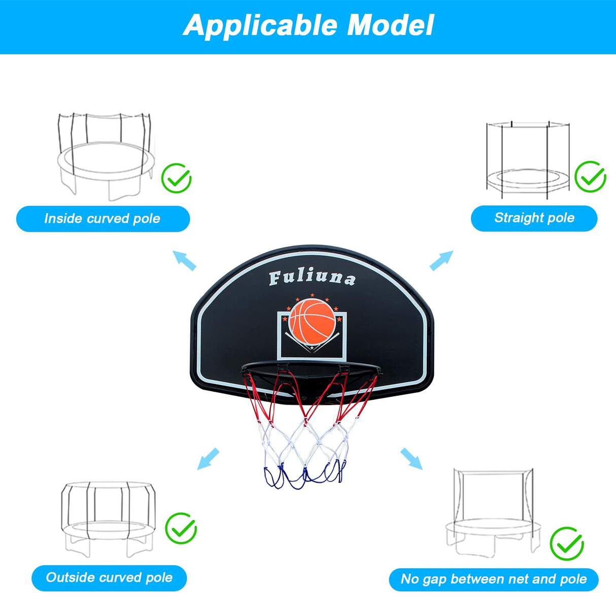 Alpcouts Trampoline Basketball Hoop, Basketball Hoop for Trampoline Fits for 25mm Straight Pole & Curved Pole, Trampoline Basketball Hoop Attachment with Protective Net,Mini Ball,Pump, Easy to Install Alpcouts