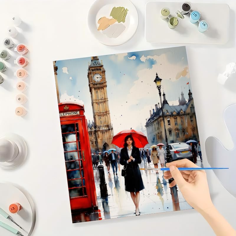 Cityscape Paint by Numbers Kit for Adults - DIY London Street with Red Telephone Booth Painting on Canvas 16x20 Inches, Acrylic Paint Set for Beginners, Urban Art for Home Decoration or Gifts DecorFriday