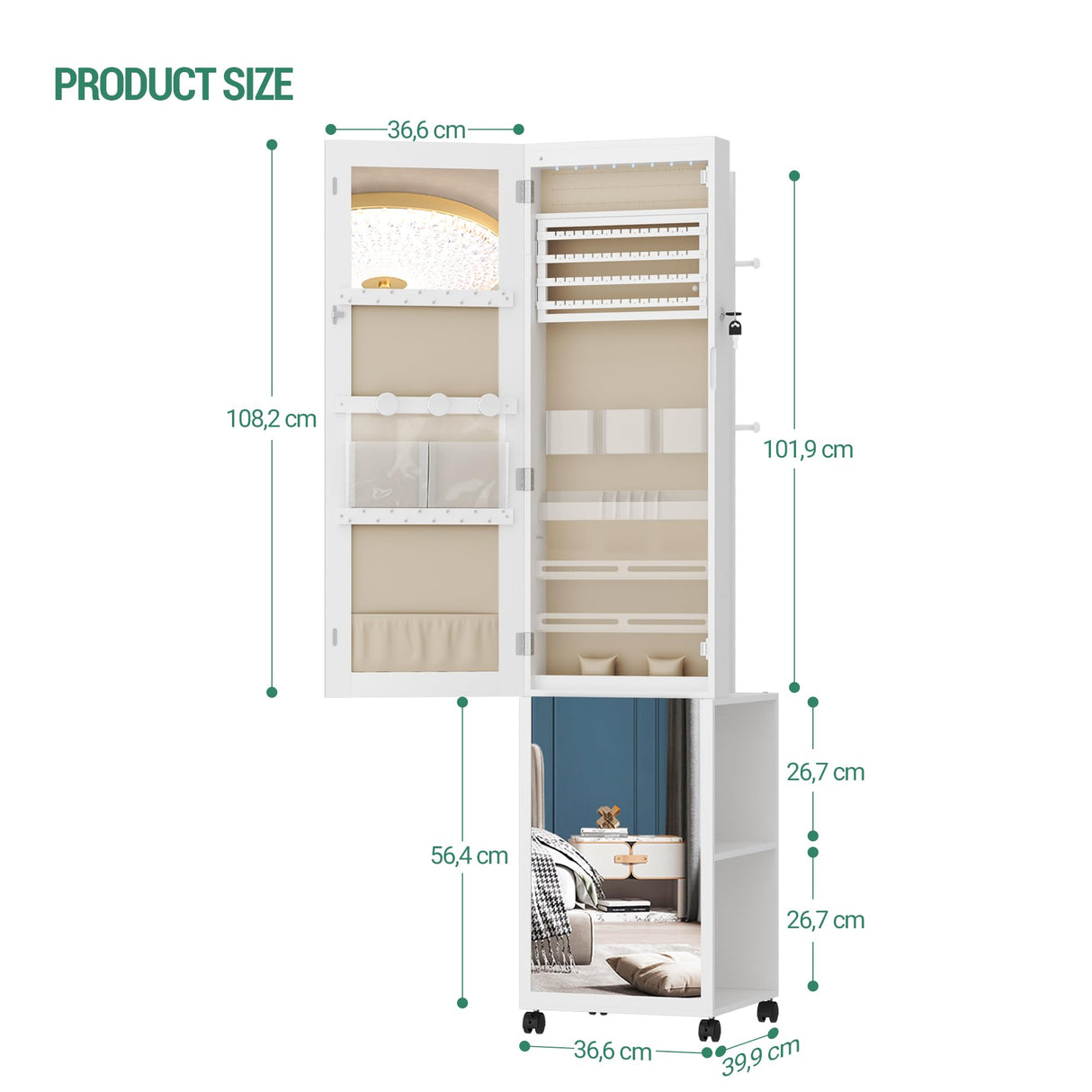 Hzuaneri 8 LEDs Jewelry Cabinet Armoire, 64.8-inch Jewelry Organizer with Garment Rack, Lockable Full-length Mirror with 4 Wheels, Storage Shelves with Hooks, 5-in-1, White and Beige JC17003BE Hzuaneri