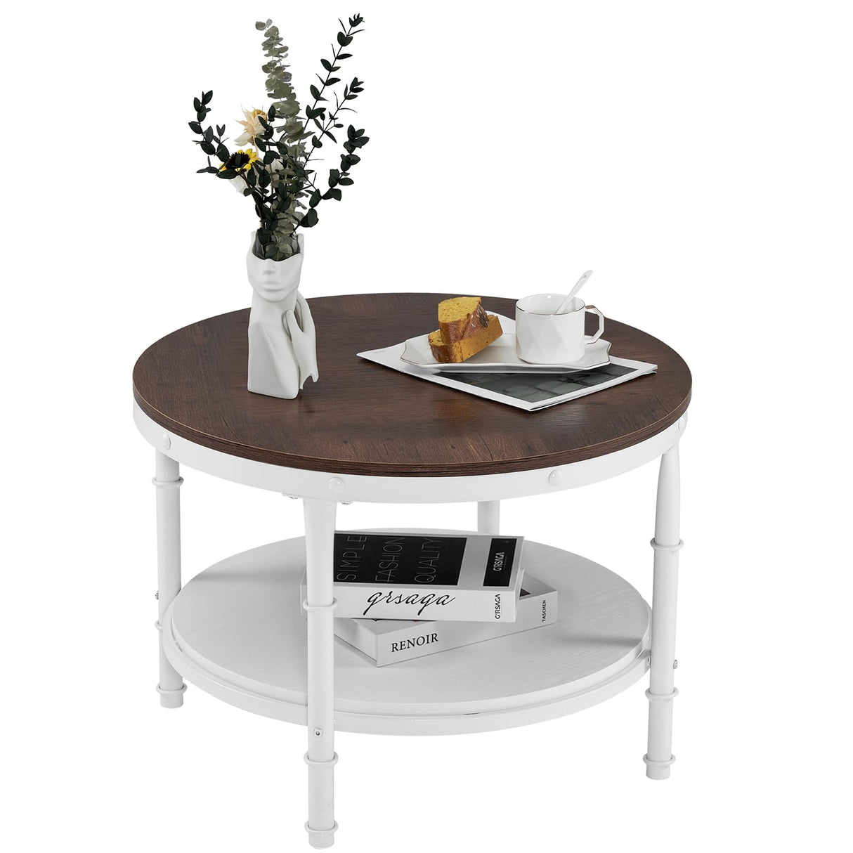 VINGLI 25.6" Rustic Oak White Round Farmhouse Coffee Table, 2-Tier Storage Wood Center Circle Accent Table for Living Room, Bedroom, Apartment, Studio and Small Spaces, Sturdy Metal Frame VINGLI