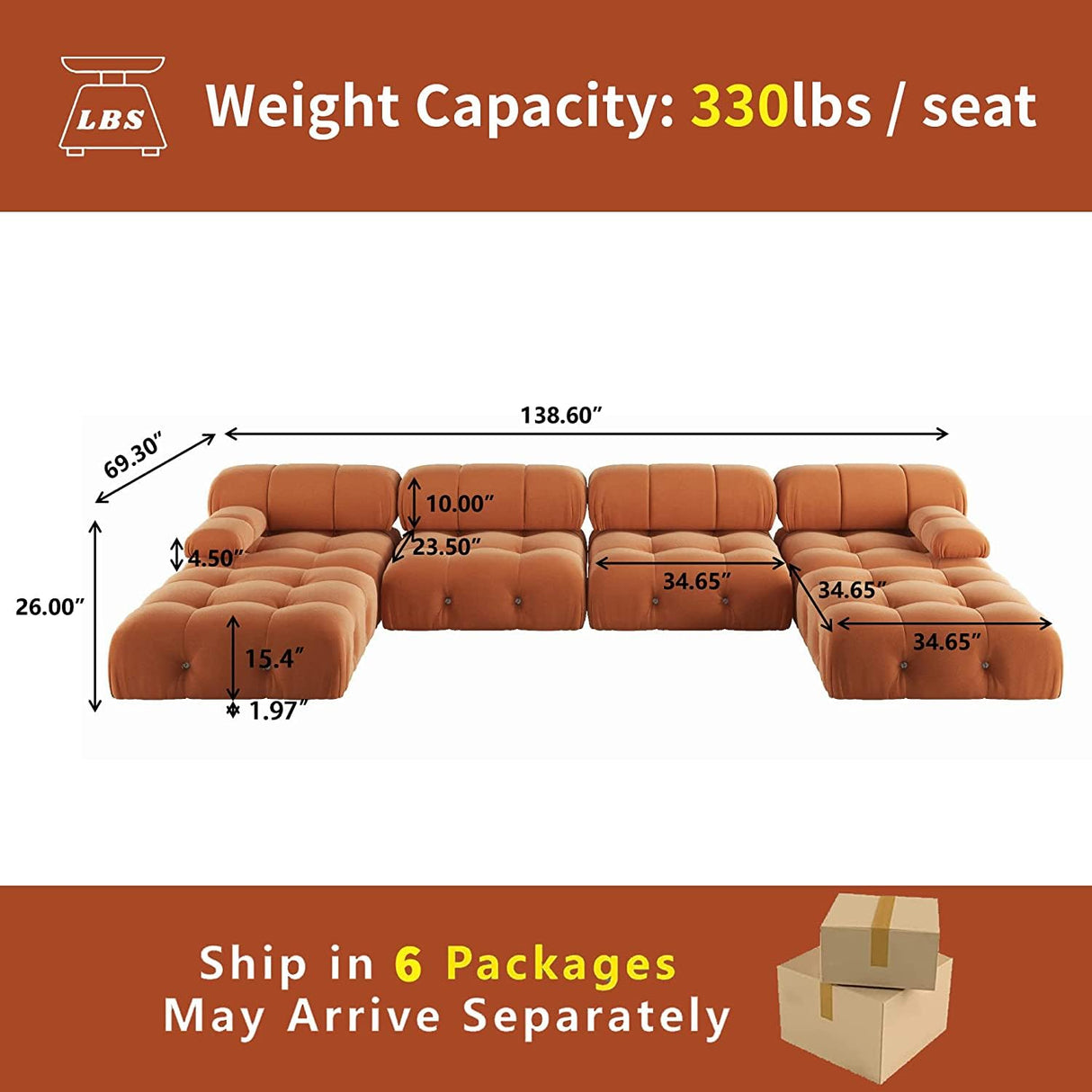 JACH U-Shaped Modular Sectional Couch, 138"" Minimalist Velvet Sofas, Convertible Couches, Mid-Century Modern Sectional Sofa with Chaise Ottomans for Living Room Apartment (Orange), 105OR-U-U JACH