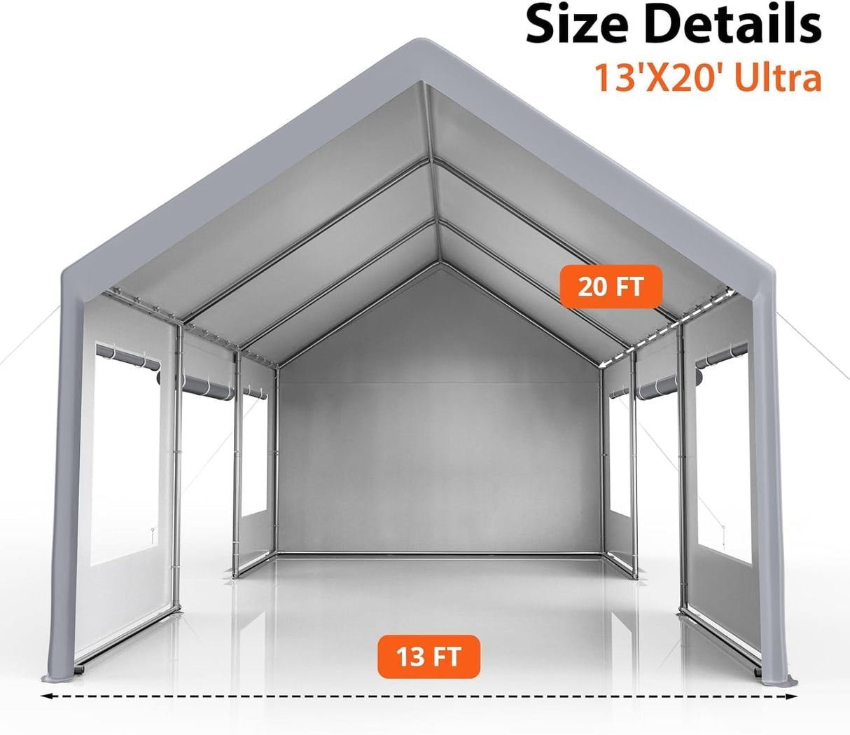 Klysiora 13x20 Ft. Metal Carport Garage with PE Fabric and Galvanized Steel Frame Outdoor Shelter for Cars, Trucks and Boats with 4 Doors and Mesh Windows for Ventilation - Grey Klysiora