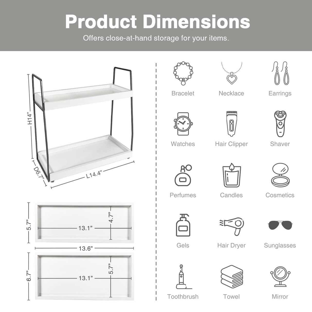 Forbena 2 Tier Bathroom Counter Organizer, White and Grey Coffee Bar Organizer for Countertop, Wood Shelf Tray for Vanity Makeup Storage, Small Kitchen Sink Top Organizers for Coffee Bar Station Forbena