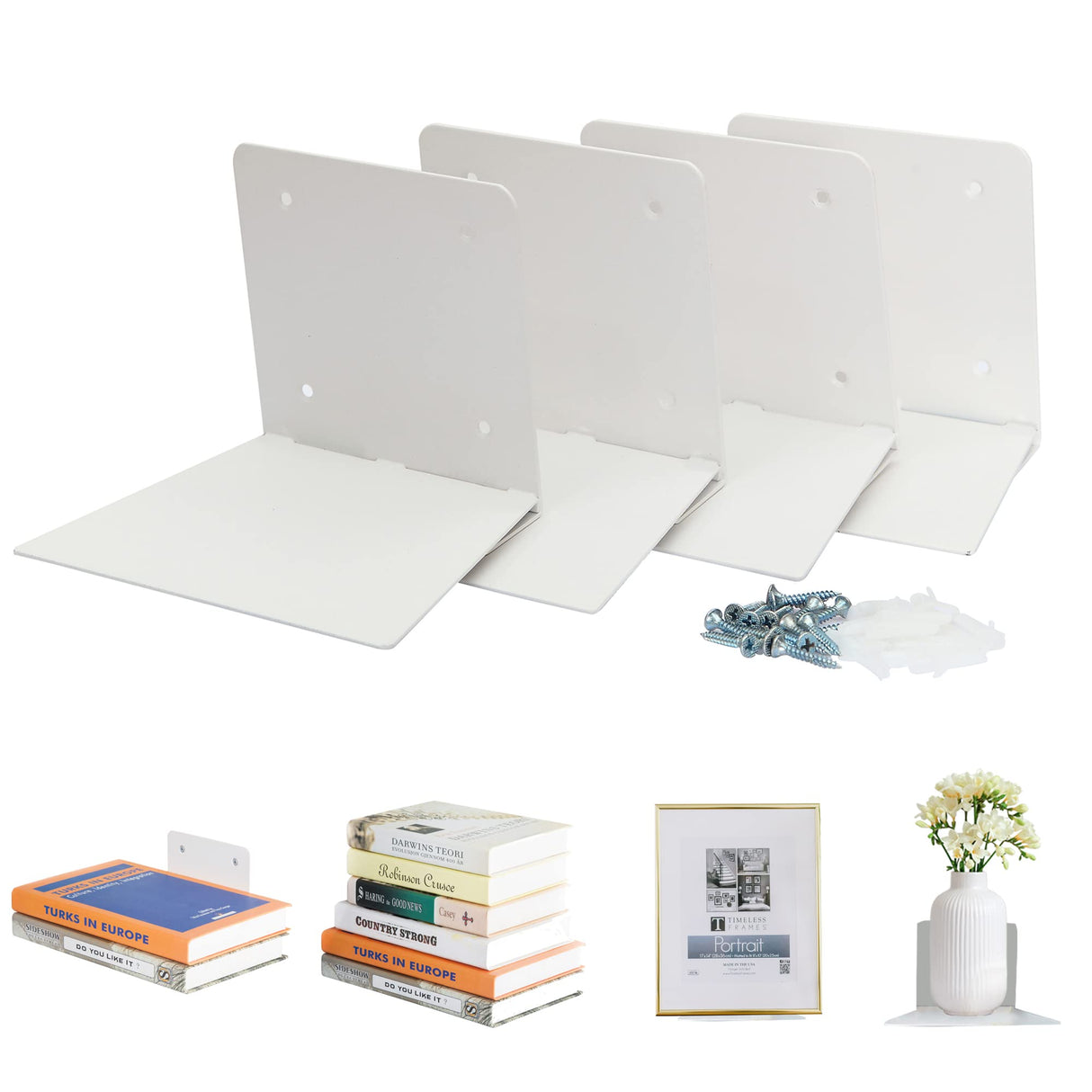 STORAGE MANIAC Floating Book Shelves for Wall Mounted Invisible Floating Bookshelves Heavy-Duty Steel Hidden Bookshelf Hanging Bookshelves for Bedroom Living Room Office, White 4-Pack Large STORAGE MANIAC