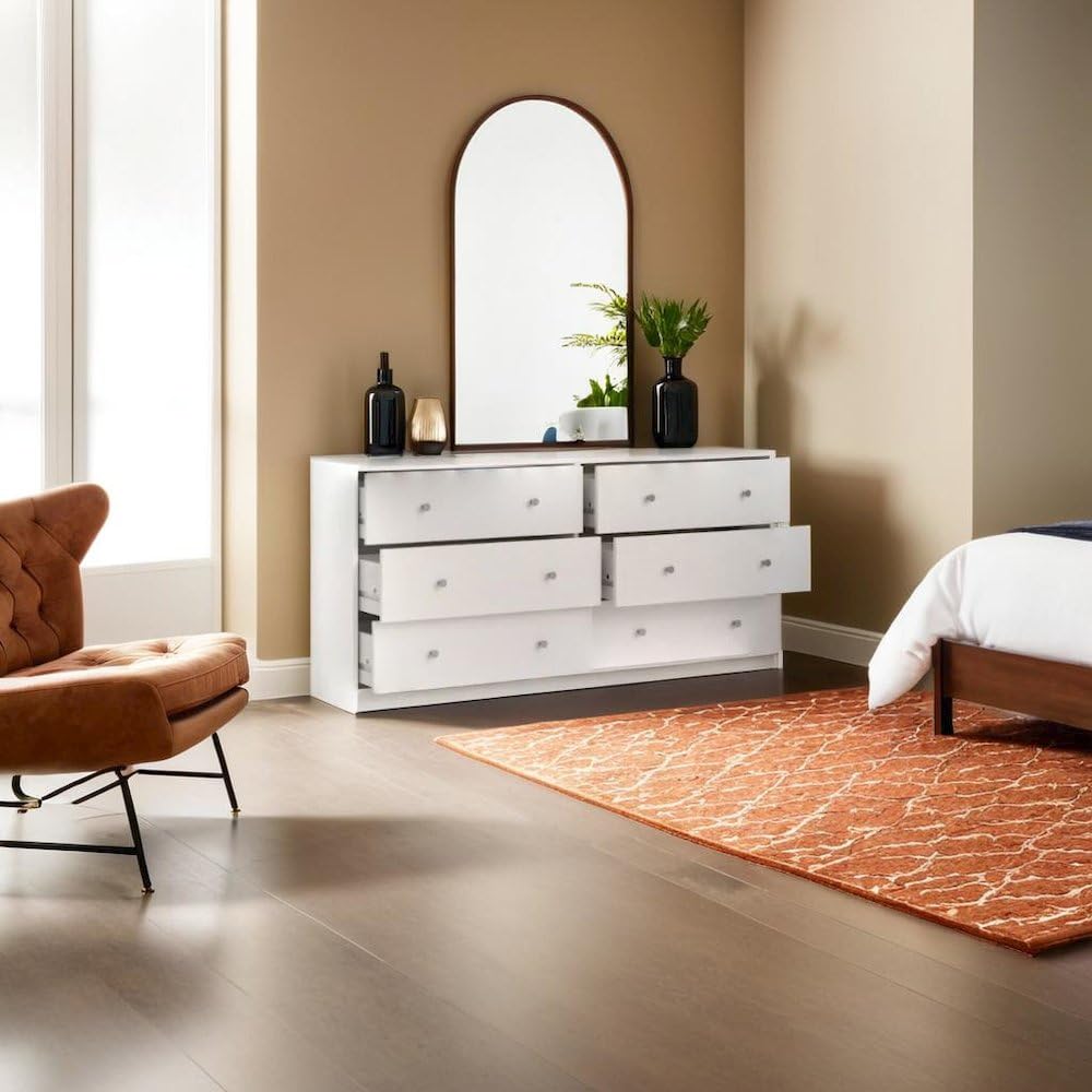 Sleek 6 Drawer Double Dresser in White by FurniFact, Ideal for Maximizing Storage in Compact Living Areas While Enhancing Decor Furnifact