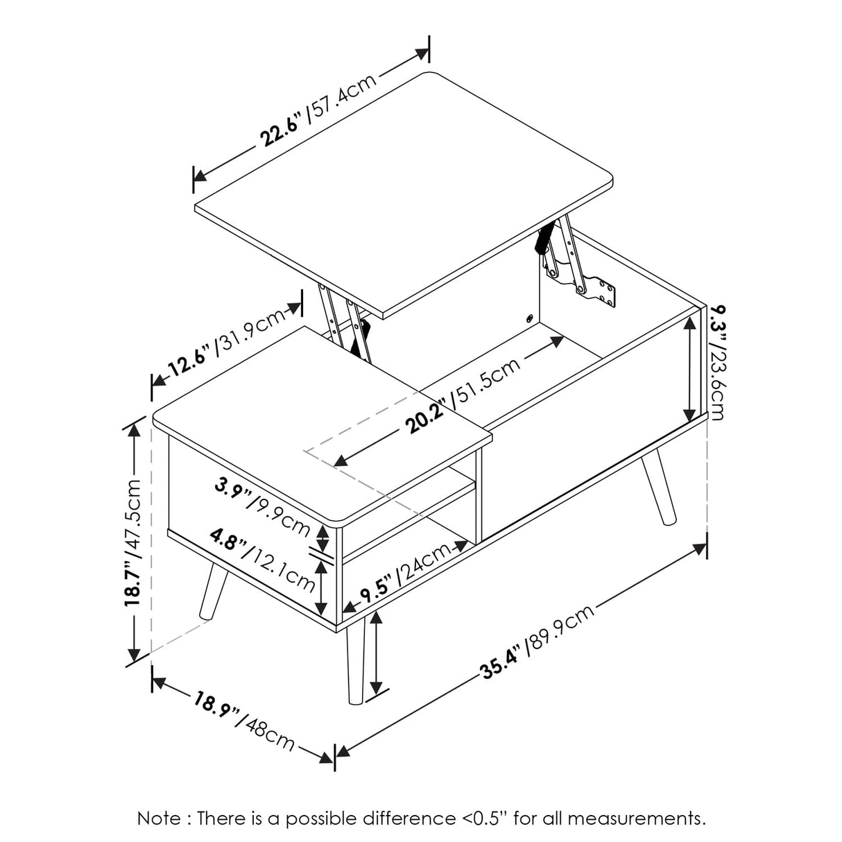 Furinno Jensen Living Room Wooden Leg Lift Top Coffee Table with Hidden Compartment and Side Open Storage Shelf, Flagstaff Oak Furinno