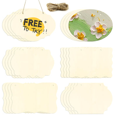 FSWCCK 24 Pieces Unfinished Hanging Wood Sign Blank with Ropes, Rectangle Blank Wood Sign Plain Hanging Craft Door Signs Wall Art Farmhouse Wooden Sign for Door Wall Art Decoration (6 Style)