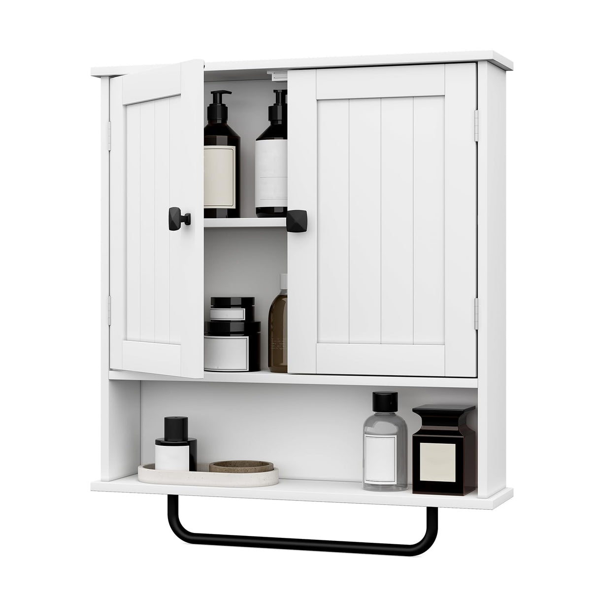 RRX Bathroom Cabinet Wall Mounted Medicine Cabinets with Towels Bar, Over The Toilet Storage Cabinet with 2 Doors and Adjustable Shelf, White Wall Cabinet for Bathroom Laundry Kitchen RRX