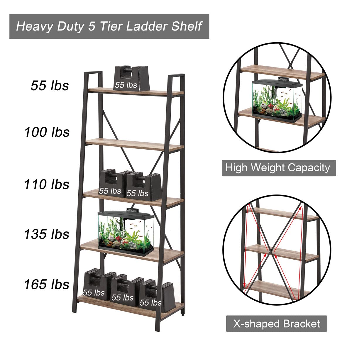 BON AUGURE Industrial 5 Tier Ladder Bookshelf, Wood and Metal Ladder Shelf Bookcase, Farmhouse Leaning Shelves for Living Room (Vintage Oak) BON AUGURE