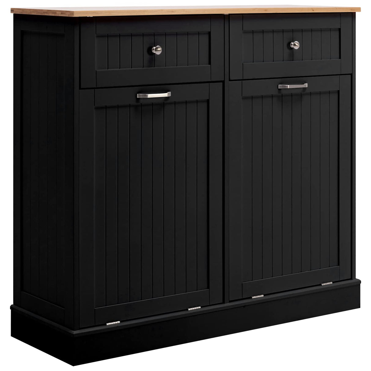 Double Trash Cabinet Tilt Out 20 Gallon, Pet Proof Kitchen Trash Cabinet Laundry Hamper with Cutting Board, Wood Garbage Recycling Station Hideaway Trash Holder Drawers (Black) Gitua