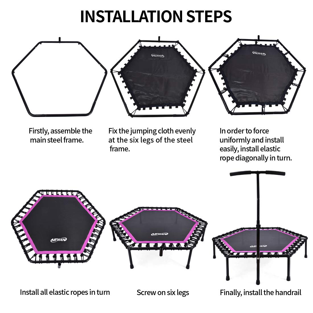 Newan 48'' Fitness Trampoline with Adjustable Handle Bar, Silent Trampoline Bungee Rebounder Jumping Cardio Trainer Workout for Adults - Max Limit 330 lbs NEWAN