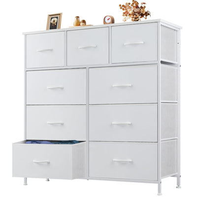 OLIXIS 9 Drawer Storage Dresser with Wood Top - Wide Fabric Chest Organizer for Bedroom, Closet, Living Room,Tower Cabinet, TV Stand, Hallway Entryway Furniture,Bright White