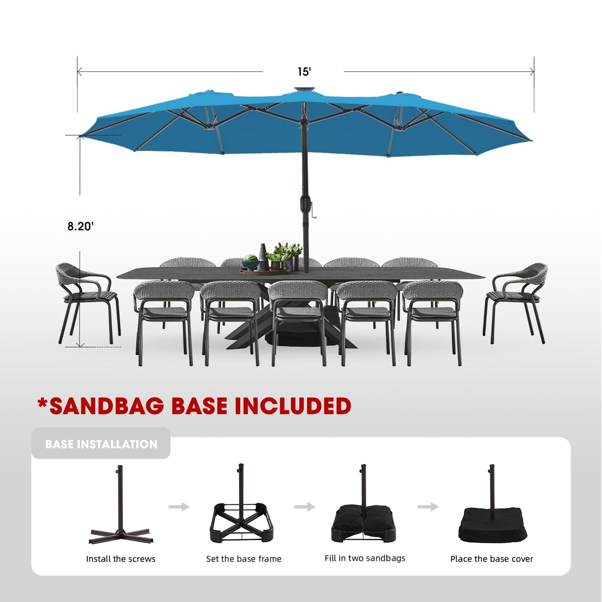 wikiwiki 15ft Large Patio Umbrellas with Base Included, Outdoor Double-Sided Umbrella with Crank Handle, Powerful UV Protective, for Pool Lawn Garden, Royal Blue wikiwiki