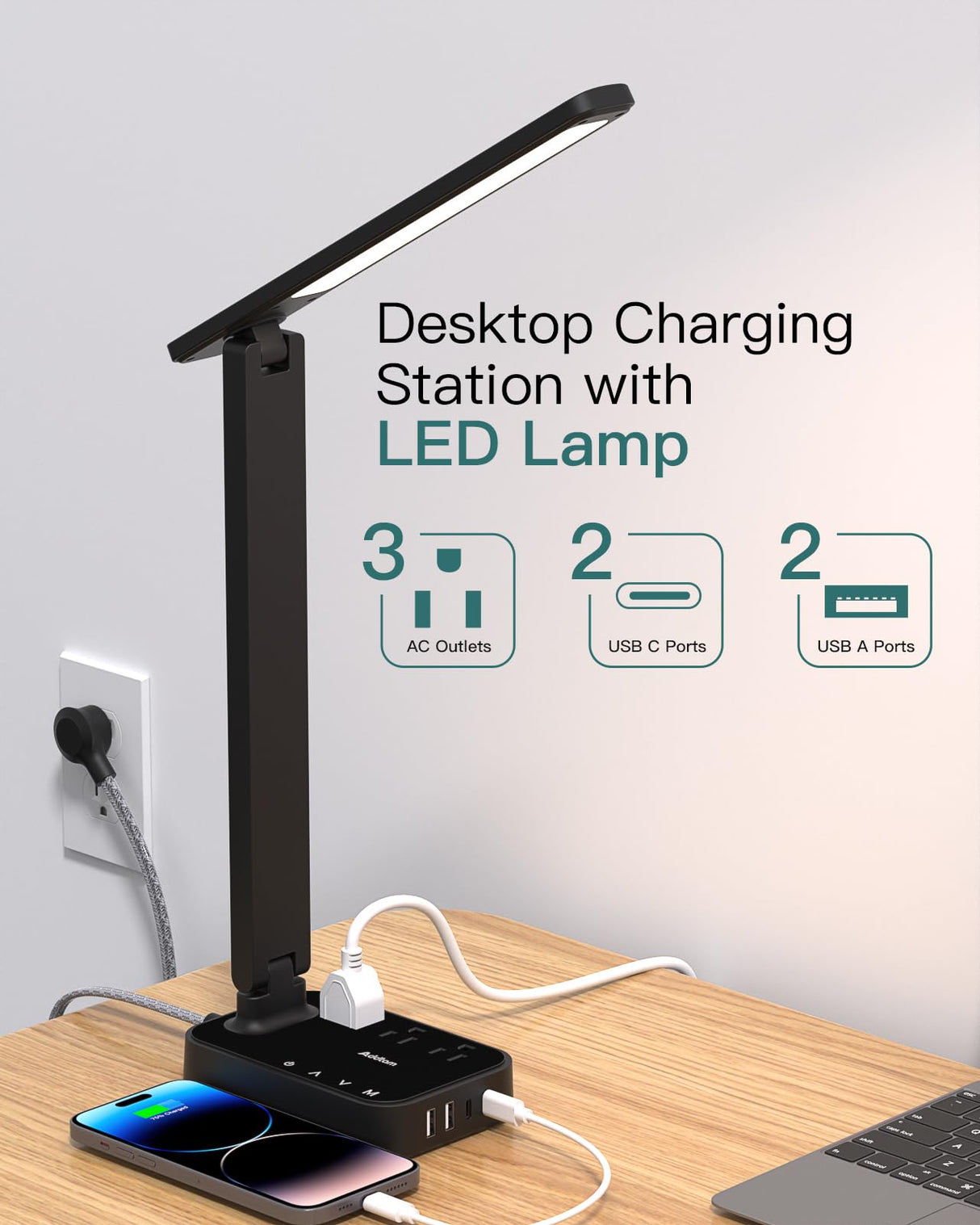 Addtam LED Desk Lamp, Power Strip with 3 Outlets 4 USB Charging Ports(2 USBC), 4 Modes 5 Level Brightness Touch Lamp, Small Desk Lamp for Home Office College Dorm Room Essentials Addtam