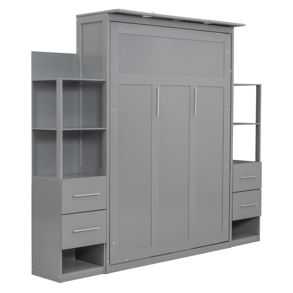Favfurish Full Size Murphy Bed with Storage Shelves and LED Lights, Wood Foldable PlatformBed Vertical Wall Bedframe for Bedroom Guest Room, Gray Favfurish