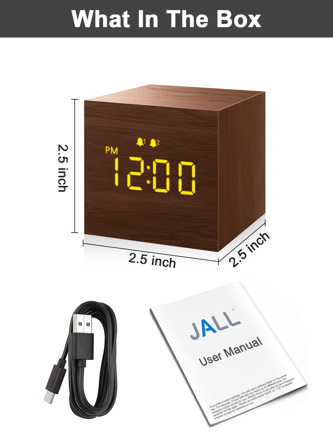 Digital Alarm Clock, with Wooden Electronic LED Time Display, 3 Alarm, 2.5-inch Cubic Small Mini Wood Made Electric Clocks for Bedroom, Bedside, Desk, Brown JALL