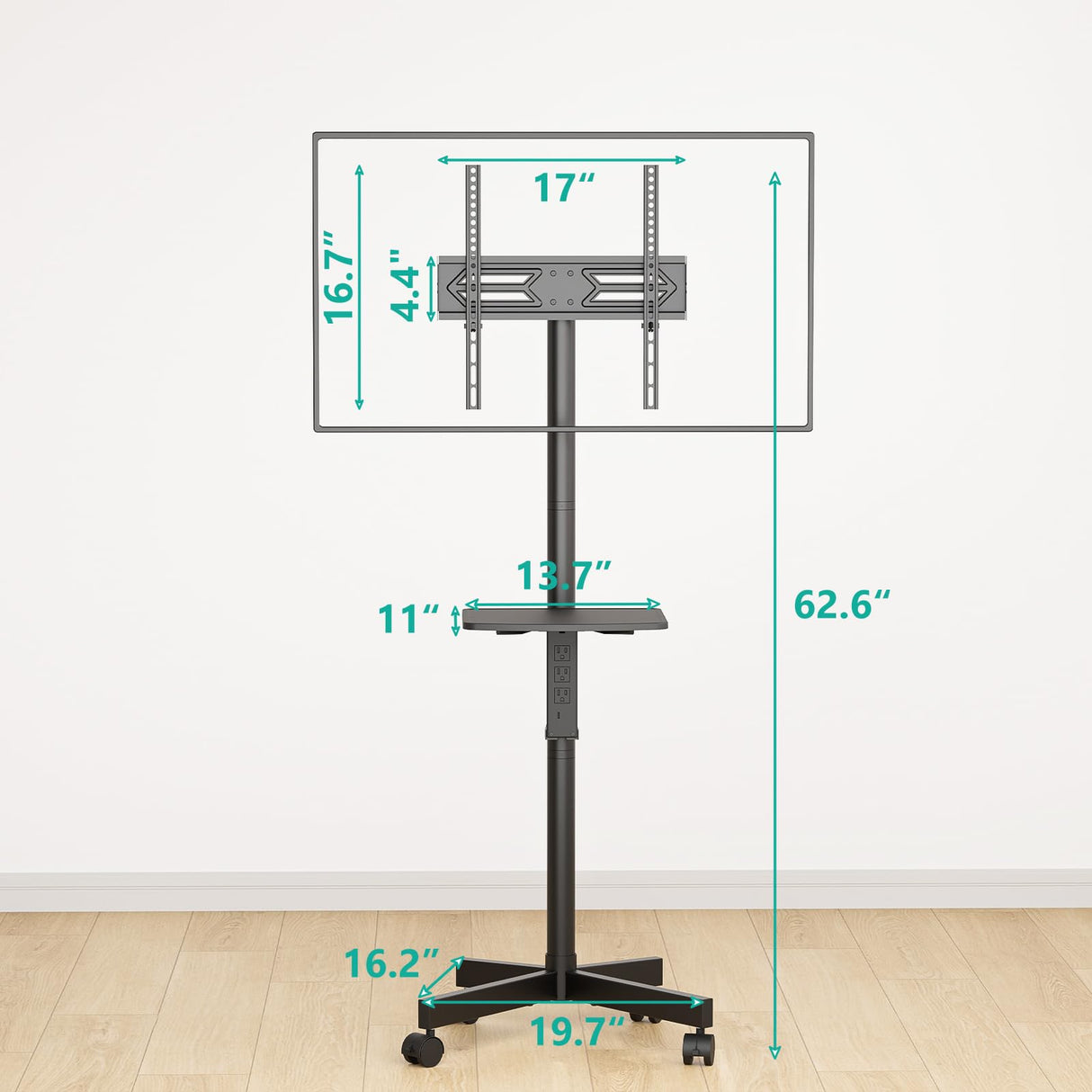 WALI Mobile TV Stand with Power Outlet, TV Cart for 23-65 inch TVs up to 88lbs, Portable Rolling TV Stand on Wheels with Height Adjustable and Tilt 20°, Max VESA 400x400mm (AVC001-P), Black WALI