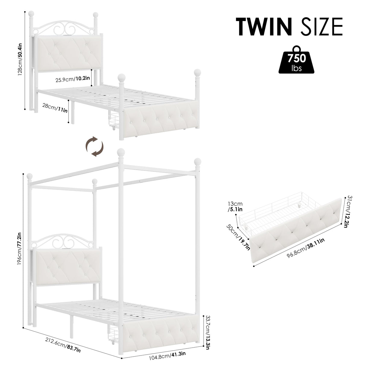 Keyluv Twin Upholstered Canopy Bed Frame with Drawer & Crystal Tufted Storage Headboard Metal Platform Bed with Charging Station & 4 Removable Posts No Box Spring Needed Curtain Not Included, Beige Keyluv