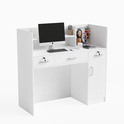 LEADZM H-Shaped Reception Desk with Counter, Front Desk with Lockable Drawers & Adjustable Shelf, Retail Checkout Counter for Beauty Salon Office (White)