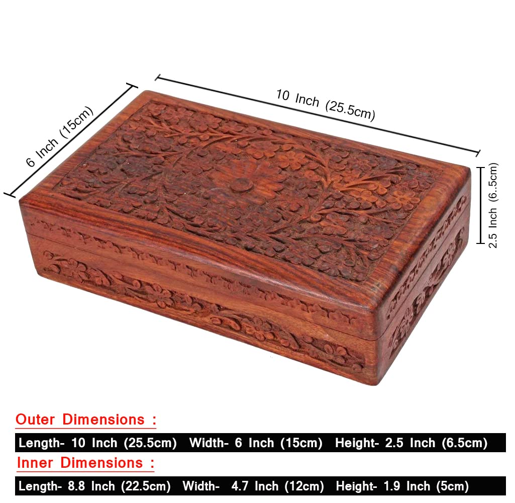 Ajuny Wooden Handcarved Decorative Jewelry Storage Box Flower Design Multipurpose Treasure Chest Keepsake Organizer Necklaces Watch Boxes Great for Gifts 10x6 Inch Ajuny