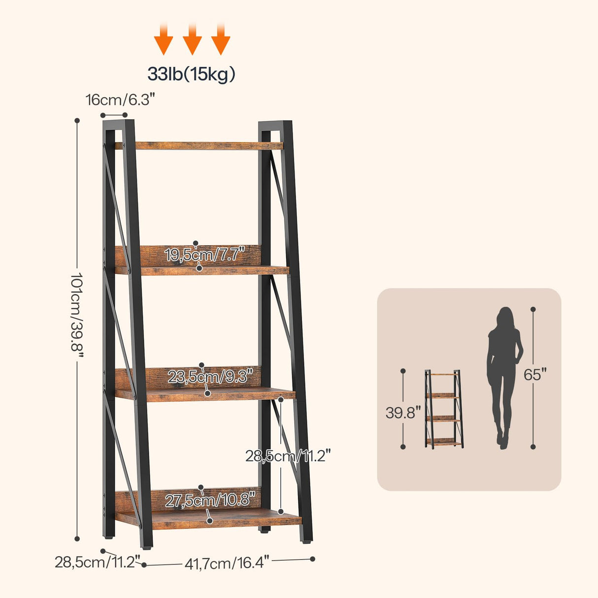 HOOBRO Ladder Shelf, 4-Tier Bookshelf, Corner Bookcase, Freestanding Storage Shelf Display Organizer, for Living Room, Bedroom, Home Office, Kitchen, Rustic Brown and Black BF304CJ01 HOOBRO