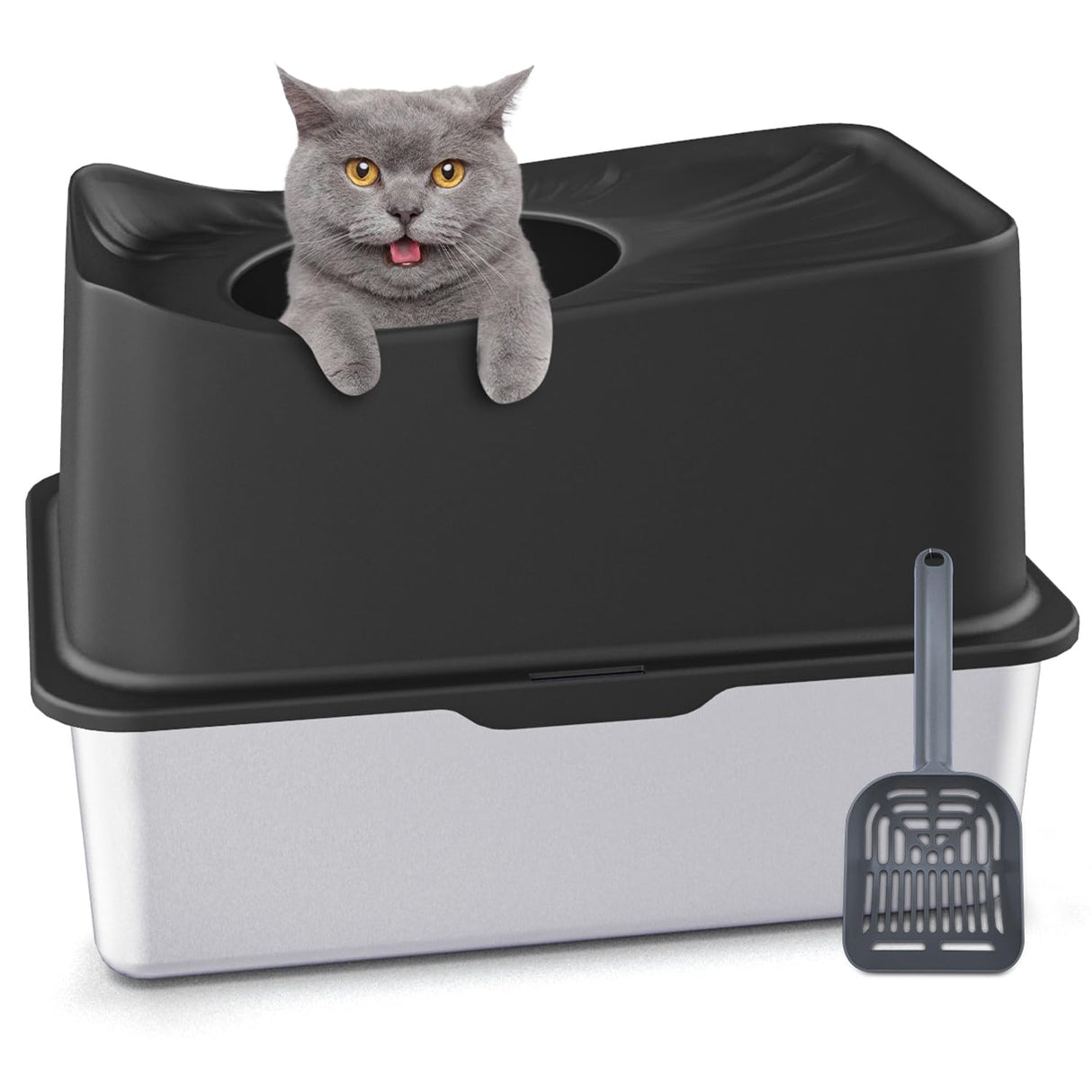 JOISTOON Top Entry Cat Litter Box with Lid, Stainless Steel Extra Large Enclosed Cat Kitty Litter Pan Easy Cleaning, Never Absorbs Odor, Stains, or Rusts, XL Metal High Litter Pan Tray, Black JOISTOON