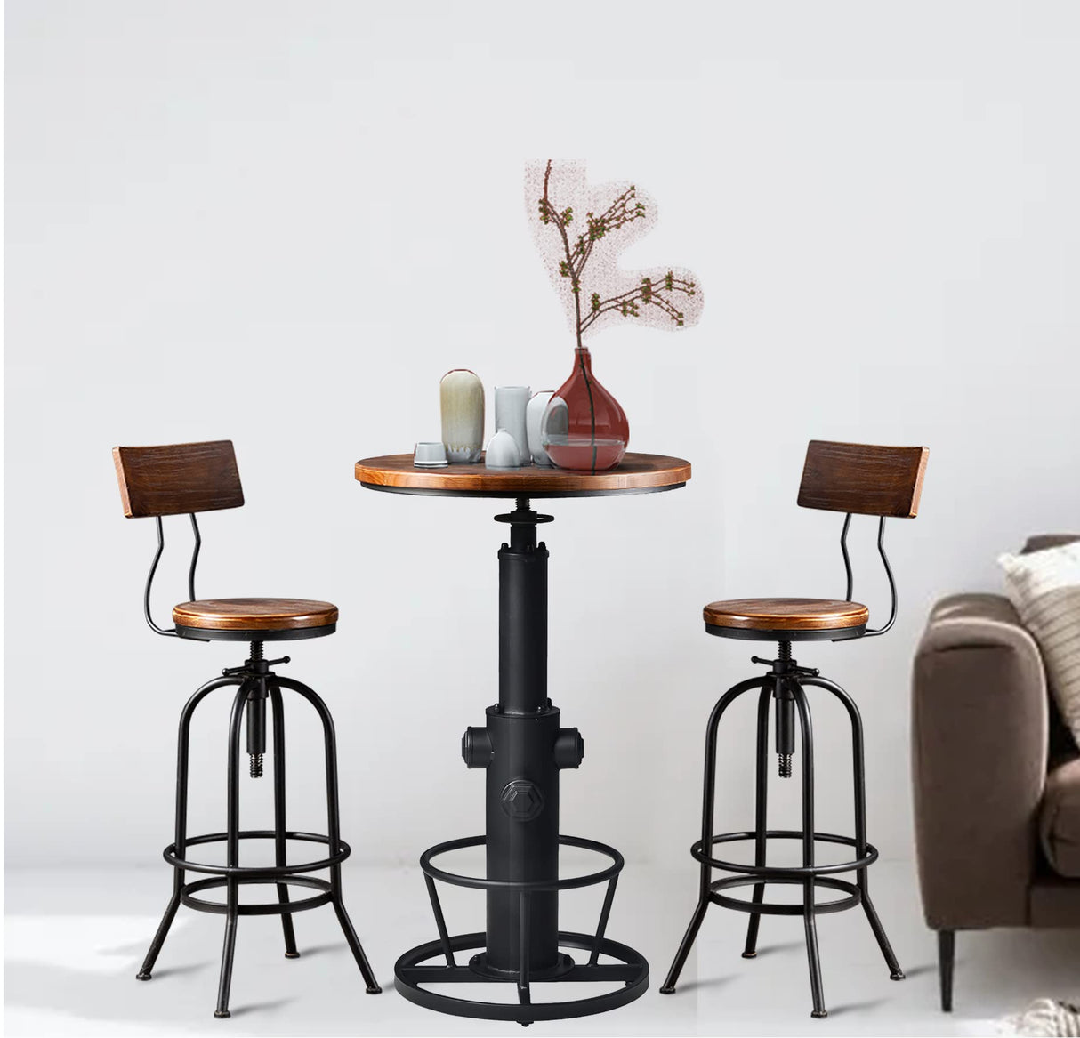 LOKKHAN Industrial Bar Table 38.6"-48.4" Height Adjustable Swivel Round Wood Tabletop 23.7" Dia, Kitchen Dining Office Coffee Bistro Pub Table LOKKHAN