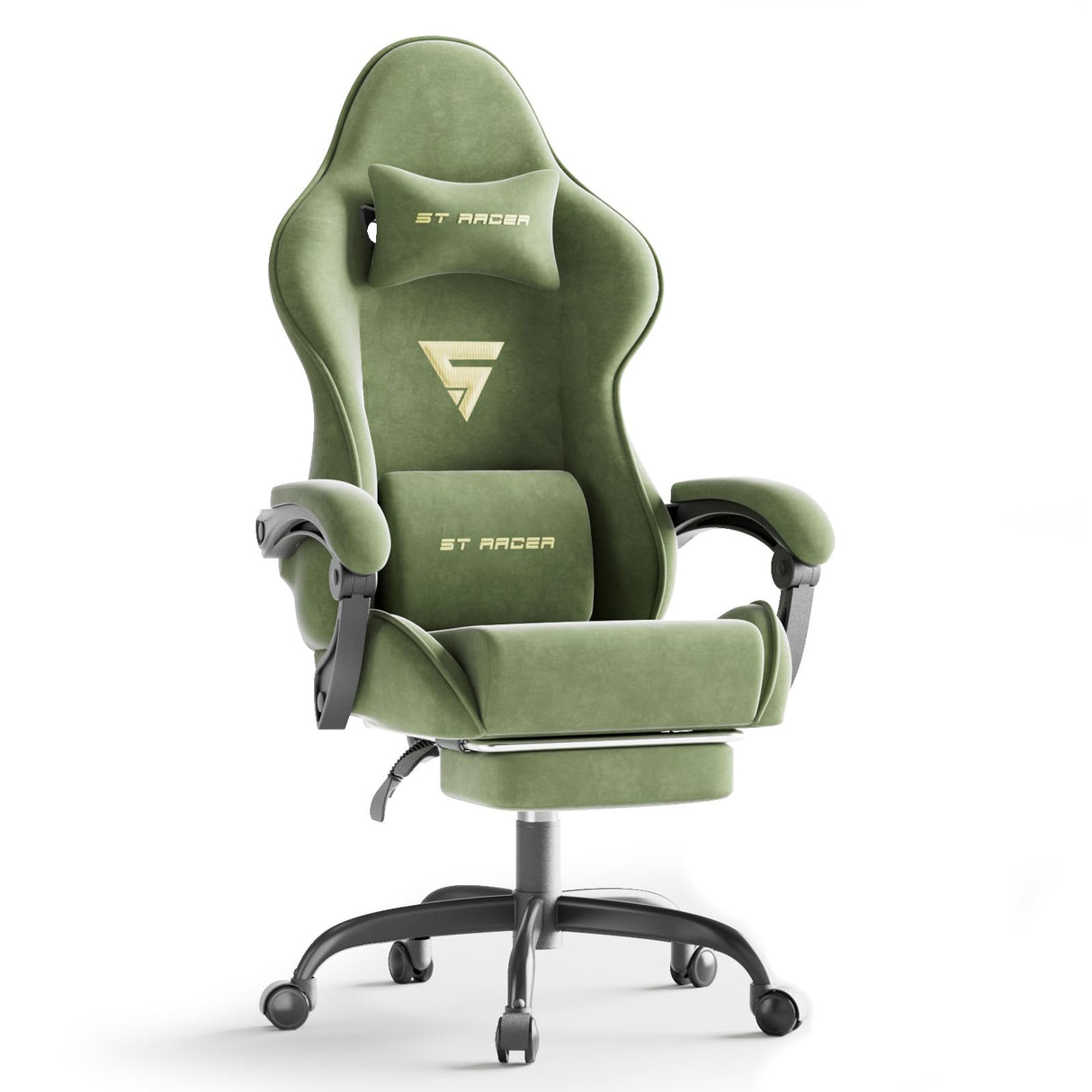 Ferghana Velvet Fabric Ergonomic Gaming Chair with Footrest and Massage, High Back Reclining Computer Gamer Chair for Adult, Racing Style PC Video Game Chair Suitable for Home Office (Green) Ferghana