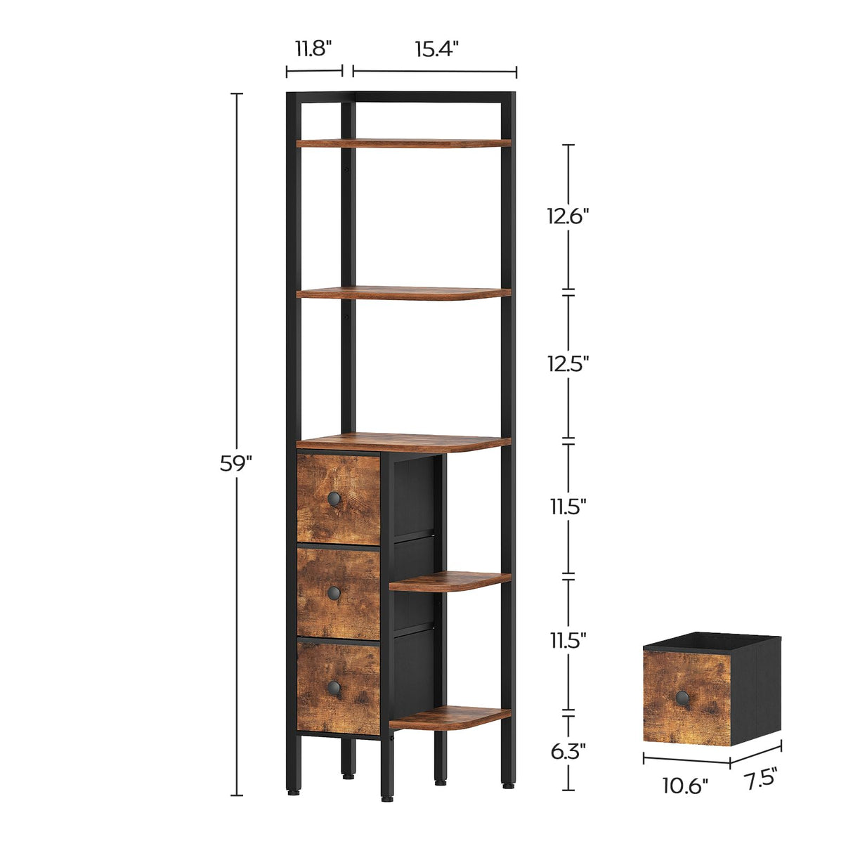 YATINEY Corner Shelf Stand, 5-Tier Corner Bookshelf with 3 Drawers, Industrial Display Shelf for Narrow Spaces, Wooden Small Bookcase, Easy Assembly, Rustic Brown and Black CJ10BR YATINEY