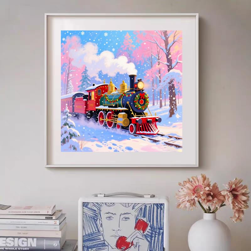 Anbys Christmas Steam Train Style Diamond Painting Kits for Adults Beginner DIY Full Drill Round Diamond Art Painting Kits for Home Decor (15.8 x 15.8 in) Anbys
