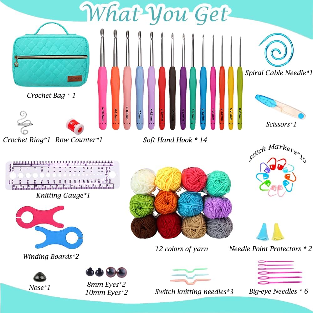 Yarniss Crochet Kits for Beginner, All-Inclusive Crochet Kit for Adults with 14 Size Ergonomic Crochet Hooks,12 Yarns Balls & Bag Yarniss