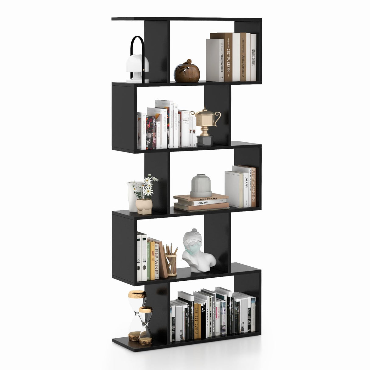 Tangkula 5-Tier Geometric Bookshelf, S Shaped Bookcase w/Anti-Toppling Device, Freestanding Room Divider, Industrial Home Office Decor Wood Open Storage Display Shelf for Living Room (1, Black) Tangkula