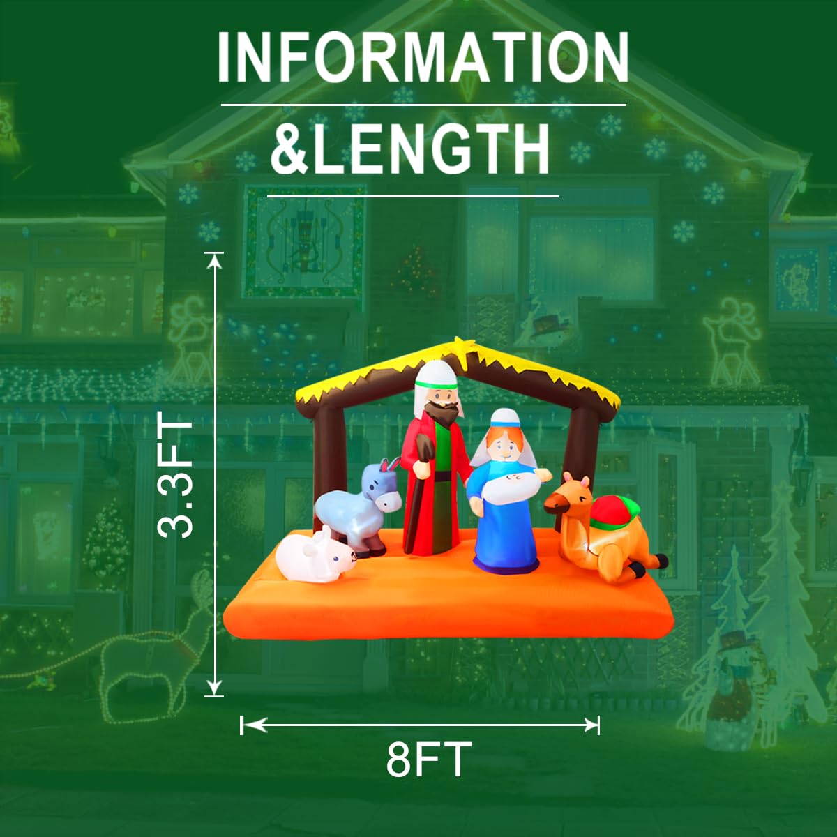 8 FT Christmas Inflatable Nativity Scene with Baby Jesus, Parents, Donkey, Sheep, Star, Blow Up Birth of Jesus Manger Scene Set Indoor & Outdoor Decorations Garden, Lawn, Yard, Christmas Parties AIGNC