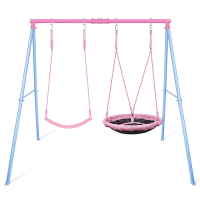 Lunafun Swing Set, 440lbs, Heavy-Duty A-Frame Metal Outdoor Swing Stand, 1 Saucer & 1 Belt Swing seat for Playground, Backyard Pink