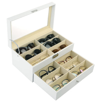 MyGift Deluxe White Wood Sunglasses Organizer, Eyewear Display Box, 2 Layer Storage Case with Glass Lid and Leatherette Trim, Holds up to 12 Pairs of Glasses