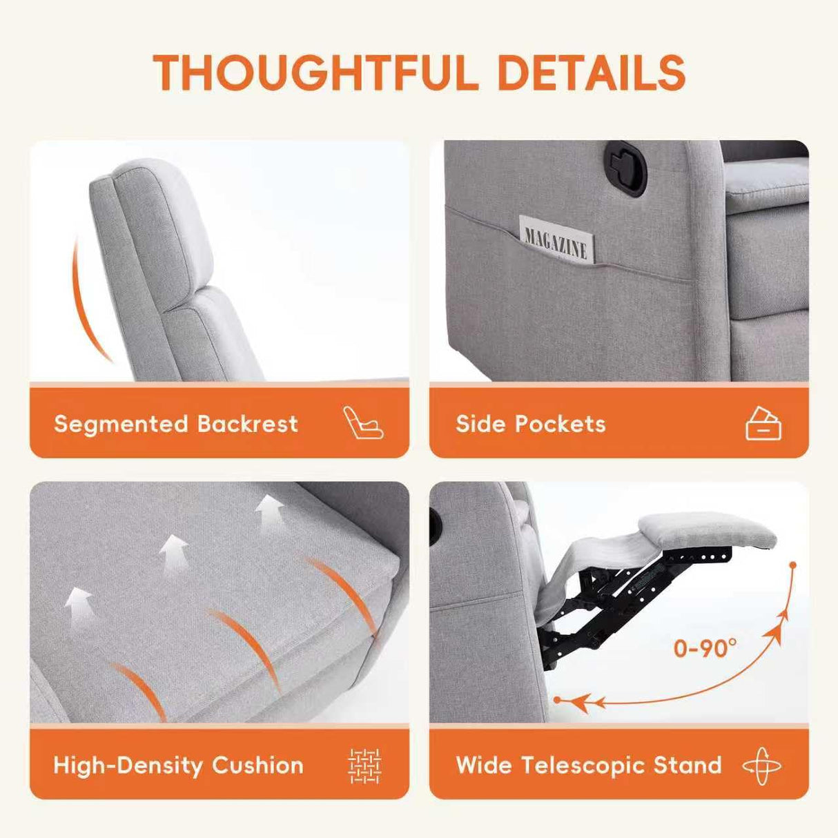 Ketaiyou Swivel Rocking Recliner Chair for Adults, Rocker Nursery Glider Chair for Living Room Bedroom, Upholstered Fabric Reclining Single Sofa Chair(Light Grey) Ketaiyou