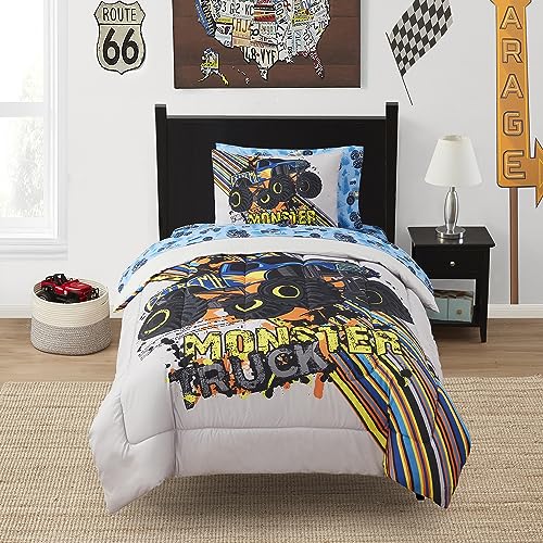 Kids Bedding Set Bed in a Bag for Boys and Girls Toddlers Printed Sheet Set and Comforter, Twin, Monster Truck Sweet Home Collection