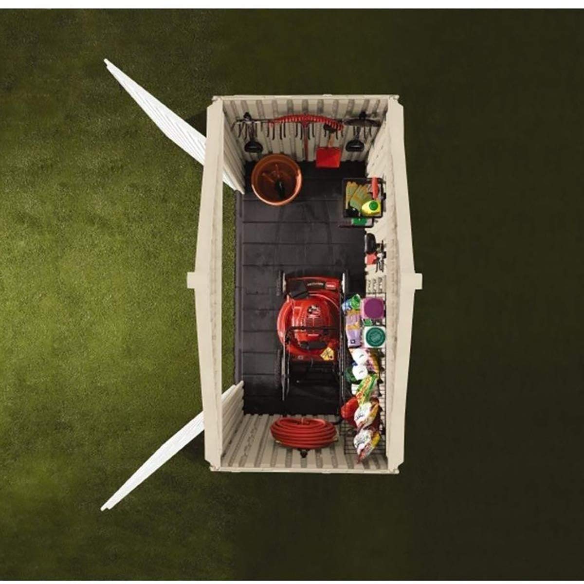 Rubbermaid Resin Outdoor Storage Shed With Floor (7 x 3.5 Ft), Weather Resistant, Beige/White, Organization for Home/Backyard/Garden Tools/Lawn Mower/Bike Storage/Pool Supplies Rubbermaid