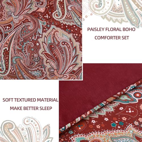 DJY Red Paisley Comforter Set Queen Size, 7 Piece Bed in a Bag Boho Paisley Pattern Comforter Set, Soft Lightweight Microfiber Reversible Bedding Set for All Season (90''x90'') DJY