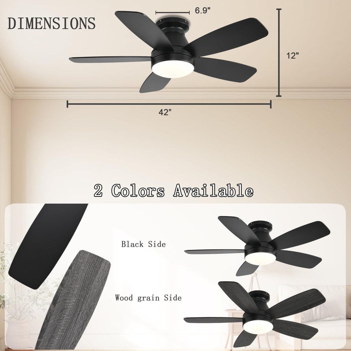 JSAITEE Ceiling Fans with Lights, 42 Inch Low Profile Ceiling Fan with Light and Remote/App Control, Flush Mount, Reversible, 3CCT, Dimmable, Noiseless, Black Ceiling Fan for Indoor/Outdoor Use JSAITEE