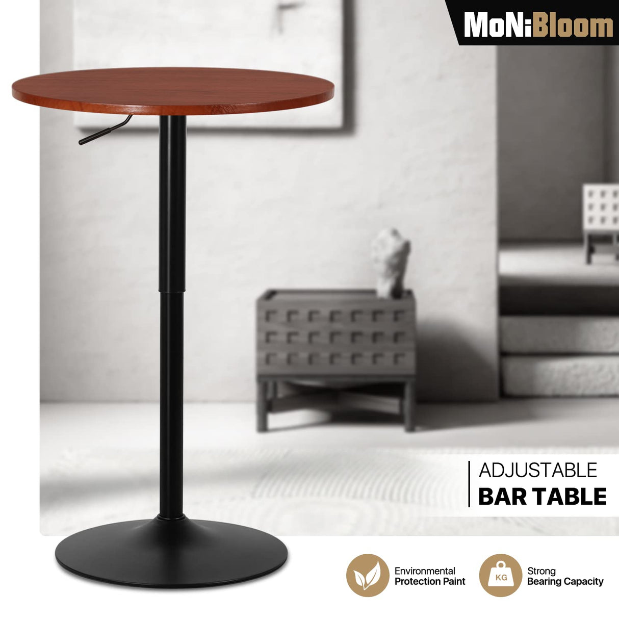 MoNiBloom Round Bar Table Adjustable Height, BistroTable with Black Leg and Base Pub Table 360° Swivel for Living Room Dining Room Bistro Cafe, 23.5" Diameter Red Wood Texture Top Cocktail Tables MoNiBloom