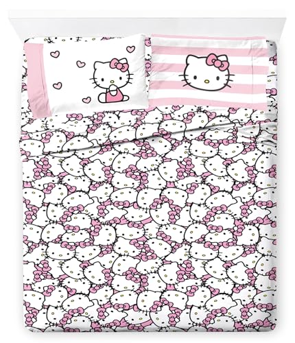 Jay Franco Sheet Set with Fitted, Flat Sheets & Pillow Cover - Ultra-Soft Bedding with Pillowcase for Room Decor, Multi - Hello Kitty, 4 Piece Queen Jay Franco